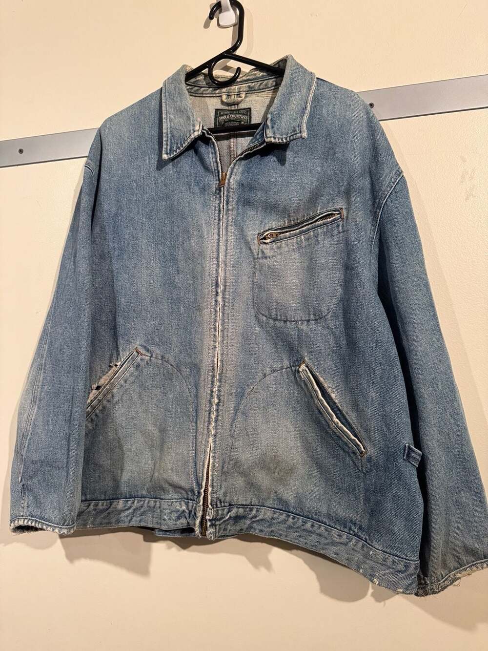 Vintage 80s POLO COUNTRY RALPH LAUREN Men XL distressed Zip-up Denim Jean Jacket